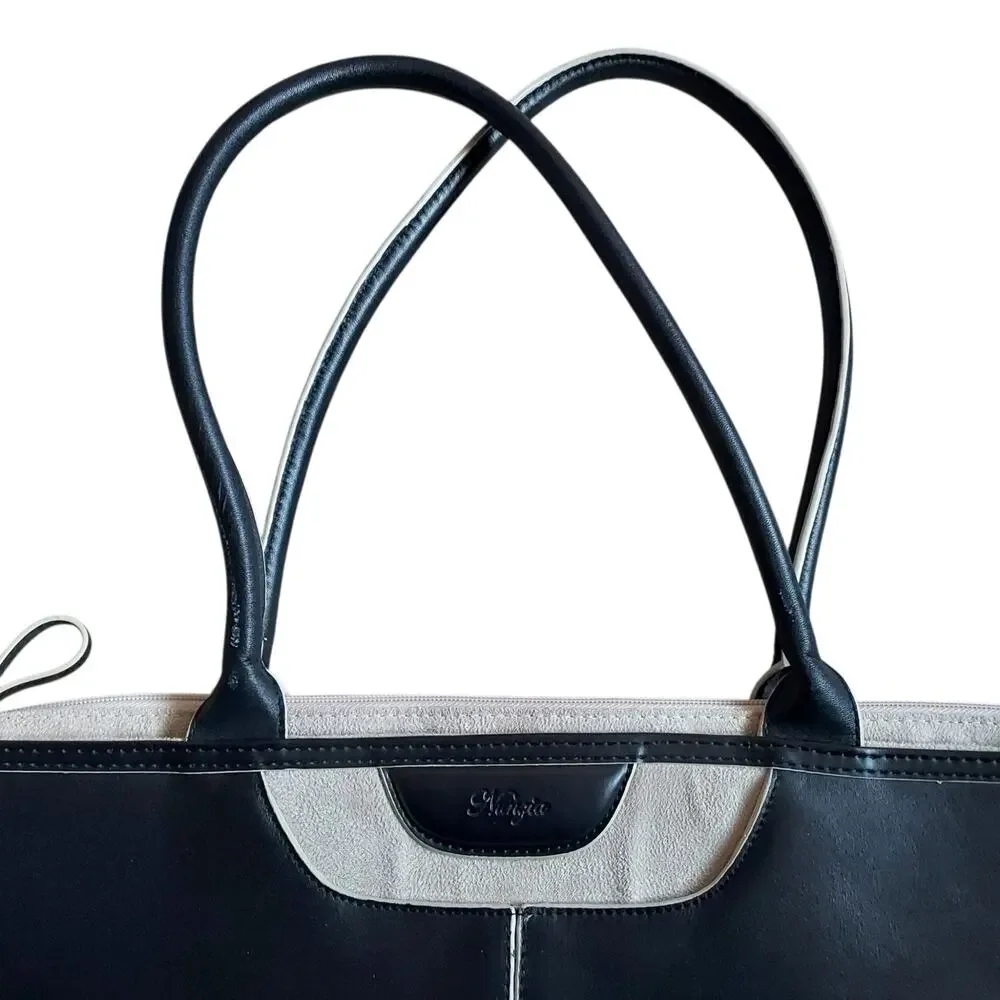 Nunzia Tuscany Women's Chic Leather Laptop Tote Shoulder Bag Black Beige